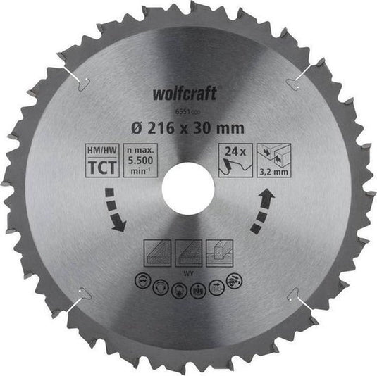 Wolfcraft - cirkelzaagblad 216x30 mm afkortzaag - 24 tanden - geschikt voor afkortzagen tafelzagen - 6551000
