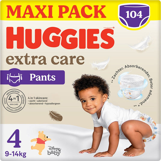 Huggies ® extra care baby luierbroekjes, maat 4 (9 tot 14kg), 104 luiers met zachte elastische tailleband en disney designs, maxi pack