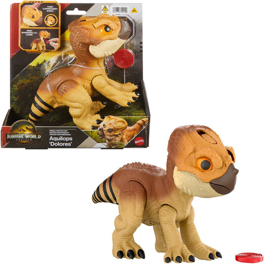 Mattel jurassic world rebirth beschermdier aquilops 'dolores', interactief dinosaurusspeelgoed met aanvalsactie en geluiden, elektronisch figuur in dierenvriendjesstijl, met voedselaccessoire