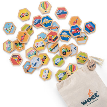 Woet ® houten memory spel met voertuigen - geheugenspel voor kinderen - fsc - inclusief opbergzak - educatief speelgoed - vanaf 2 jaar