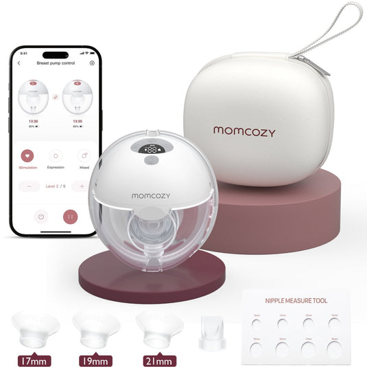 Momcozy m5 smart – handsfree borstkolf – 1 stuk – elektrisch – stil compact – met borstschild inserts - wit grijs