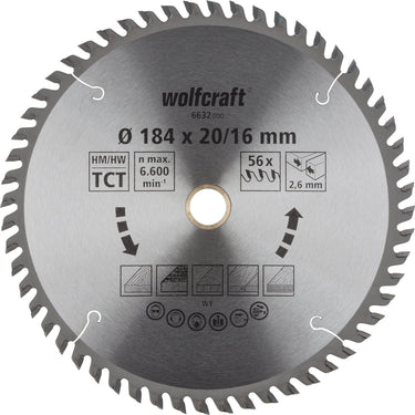Wolfcraft - cirkelzaagblad 184 mm - 56 tanden - 20 16 mm boring - voor cirkelzaag - 6632000