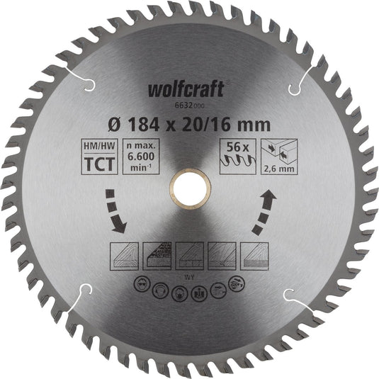 Wolfcraft - cirkelzaagblad 184 mm - 56 tanden - 20 16 mm boring - voor cirkelzaag - 6632000