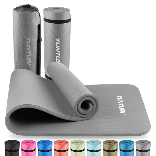 Tunturi nbr yogamat met draagtas - fitnessmat extra dik zacht - sportmat - anti slip - 180x60x1.5cm - incl trainingsapp - grijs