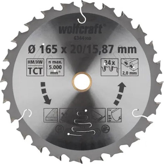 Wolfcraft - cirkelzaagblad 165 mm - 24 tanden - 20 15,87 mm boring - voor cirkelzaag - 6344000