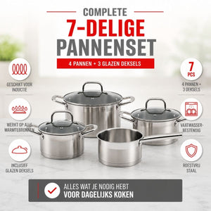Alpina inductie pannenset 4‑delig – rvs kookpotten met glazen deksel – kookpottenset geschikt voor alle warmtebronnen – kookpotten set - potten en pannen set