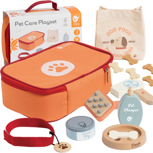 Classic world houten dieren verzorgen speelset - rollenspel speelgoed tas 16dlg.