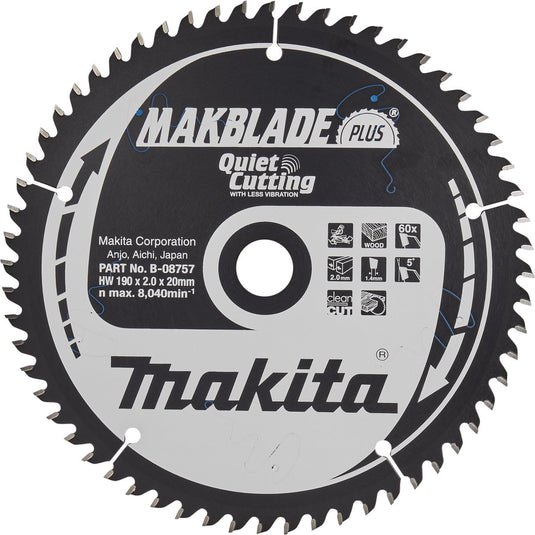 Makita afkortzaagblad voor hout | makblade-plus | ø 190mm asgat 20mm 60t - b-08757