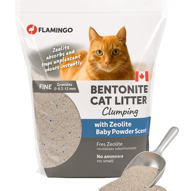Flamingo kattenbakvulling – klontvormende kattenbakvulling – babypoedergeur – 12l (12kg) voor 10 weken – premium line - supersnelle geurabsorptie door blauwe zeoliet – met superfijne korrel – ideaal voor 1 of meerdere katten