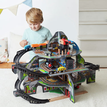 Hape mighty mountain mine - houten treinset bergmijn speelset met kraan en spiraalspoor, 34-delig, 3+