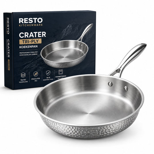 Resto crater koekenpan 26 cm – tri-ply rvs koekpan – inductie geschikt – professionele frypan – pfluon anti-aanbaklaag – ovenbestendig