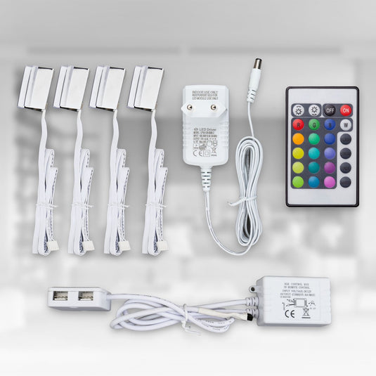 B.k.licht - led rgb licht - kastverlichting - glasplaatclips - verlichting - 4-delige set - met afstandsbediening - led strips