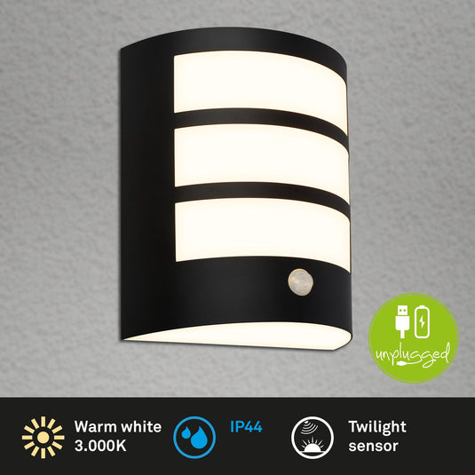 Briloner - wandlamp oplaadbaar - led buitenverlichting - met akku - met bewegingsmelder - met schemersensor - 18 x 15 x 7 cm - zwart