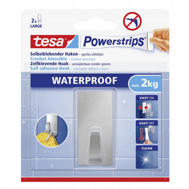 Tesa ® powerstrips waterproof kleefhaak l - rechthoekig - montage zonder boren - roestvrij staal (rvs) - draagkracht 2 kg - voor badkamer en douche