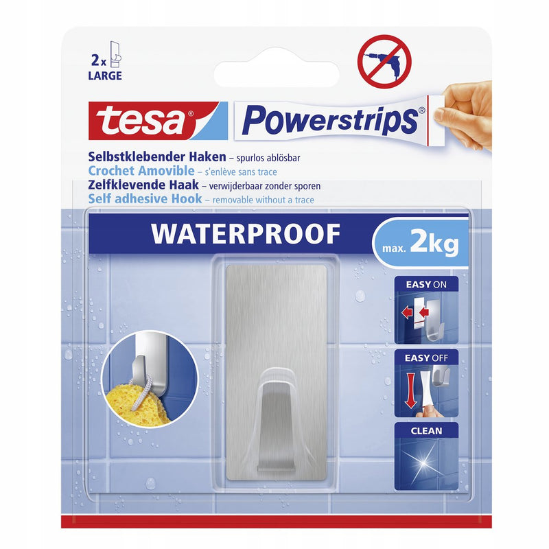 Load image into Gallery viewer, Tesa ® powerstrips waterproof kleefhaak l - rechthoekig - montage zonder boren - roestvrij staal (rvs) - draagkracht 2 kg - voor badkamer en douche
