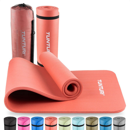 Tunturi nbr yogamat met draagtas - fitnessmat extra dik zacht - sportmat - anti slip - 180x60x1.5cm - incl trainingsapp - rose goud