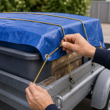 Kinzo spinbinders met haken – 2 stuks – elastische snelbinders 150 cm – blauw geel