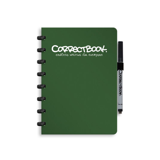 Correctbook a5 uitwisbaar notitieboek – forest green – gelinieerd – herbruikbaar schrift – inclusief pen wisdoekje – aanvulbaar met extra pagina’s