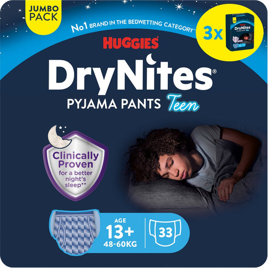 Drynites huggies luierbroekjes - jongens - 13+ jaar (48 - 60 kg) - 33 nachtbroekjes - jumbo pack