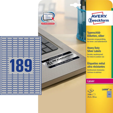 Avery ultra-sterke zilverkleurige etiketten formaat 245 x 10 mm (b x h) 3.780 stuks 189 per blad