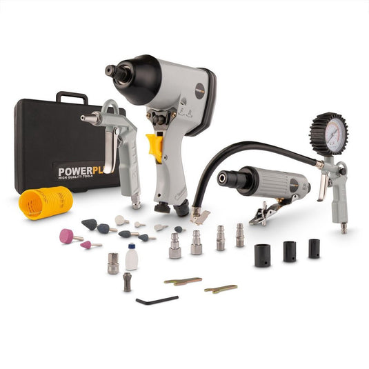 Powerplus powair0021 pneumatische basisset - 5 delig - incl. moersleutel, mini-stift-slijptol, bandenoppomppistool, luchtpistool, spiraalslang en 21 accessoires