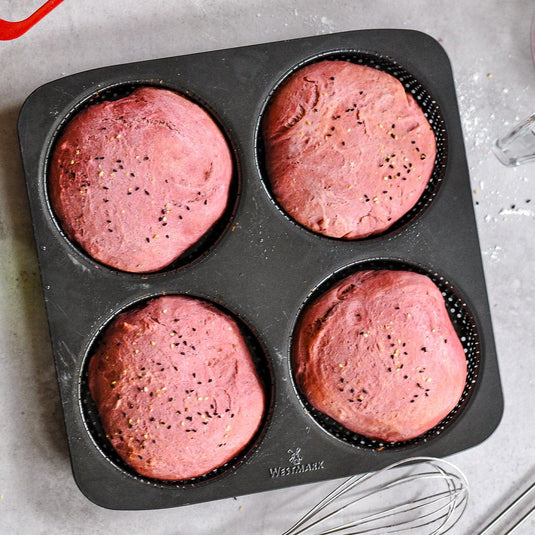 Westmark burger bun bakvorm, voor 4 burgerbroodjes, ø 12 cm elk, staal, antiaanbakbedekt, groot, antraciet, 32702260