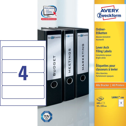 Avery ordnerrugetiketten, wit, 192,0 x 59,0 mm, permanent klevend