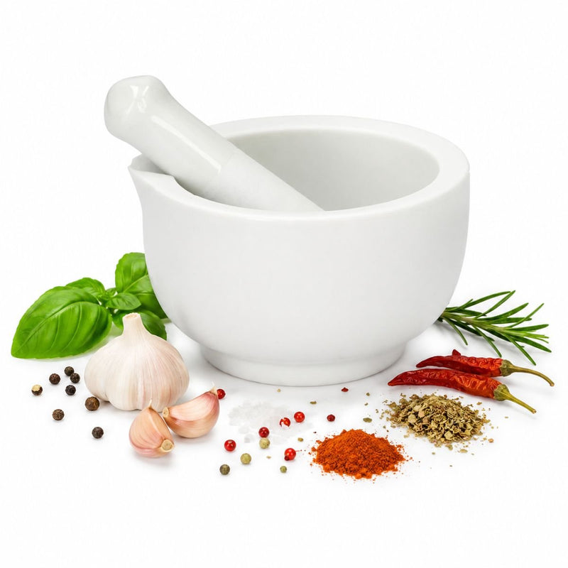 Load image into Gallery viewer, Alpina vijzel met stamper keramiek - kruidenmolen en specerijenmaler - mortier met schenktuit - geschikt voor pesto, knoflook, noten, sauzen en meer - wit
