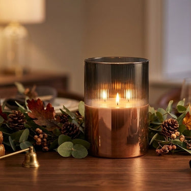 Arti casa led kaars met bewegende lont - 3 wieken - timer 6 uur - ø15 x 20 cm - grijs