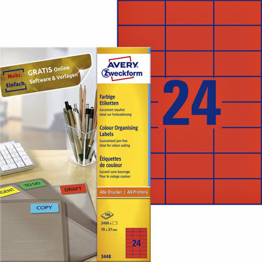 Avery gekleurde etiketten, rood, 70,0 x 37,0 mm, permanent klevend