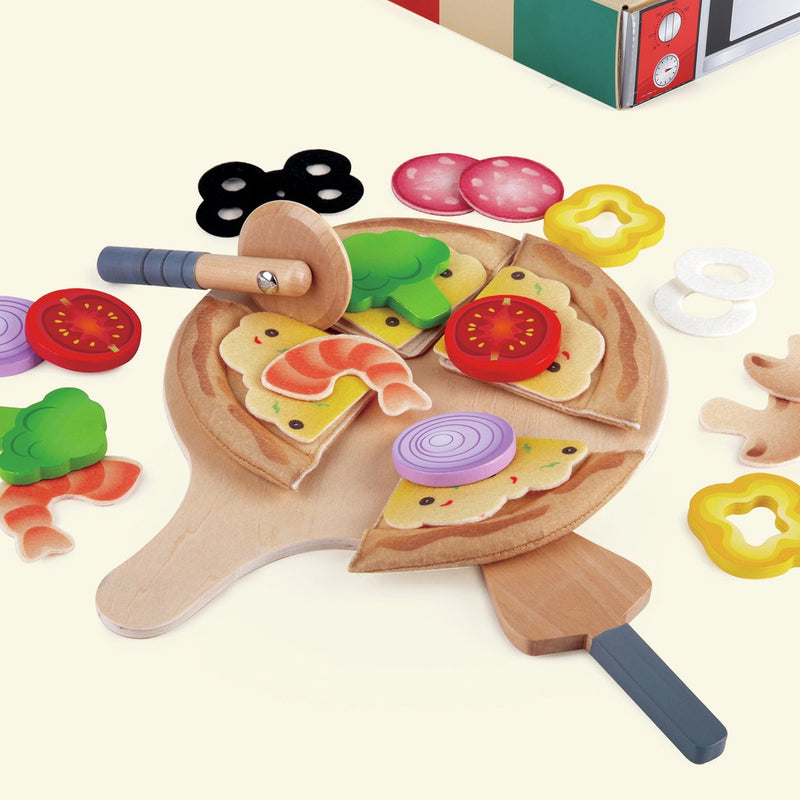 Load image into Gallery viewer, Hape pizza speelset - houten pizzeria speelgoed met 29 onderdelen, pizzaoven en bezorgdoos, vanaf 3 jaar
