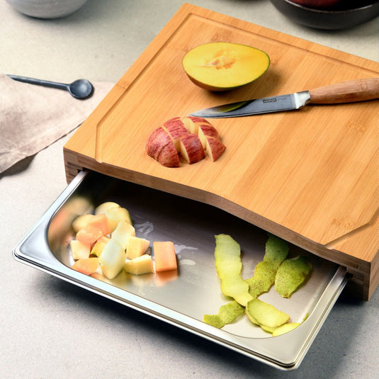 Kesper fsc® bamboe houten snijplank met 1 rvs lade - 2in1 verhoogde snij plank met 1 rvs uitschuifbare laden aan de voorkant (opvangbakken) - afm. 36.5 x 28.5 x 6.8 cm.