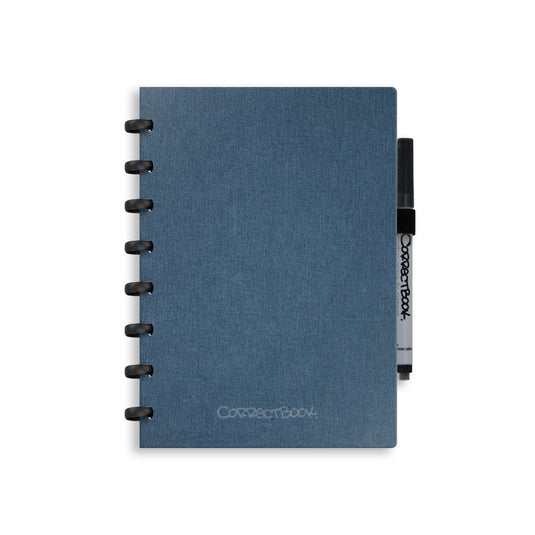 Correctbook a5 uitwisbaar notitieboek – linnen hardcover – herbruikbaar schrift – steel blue – blanco – inclusief pen wisdoekje – aanvulbaar met extra pagina’s
