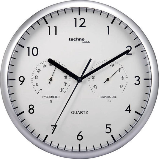 Technoline wt650 - wandklok - analoog - quartz - rond - kunststof - binnentemperatuur - binnenluchtvochtigheid - zilverkleurig