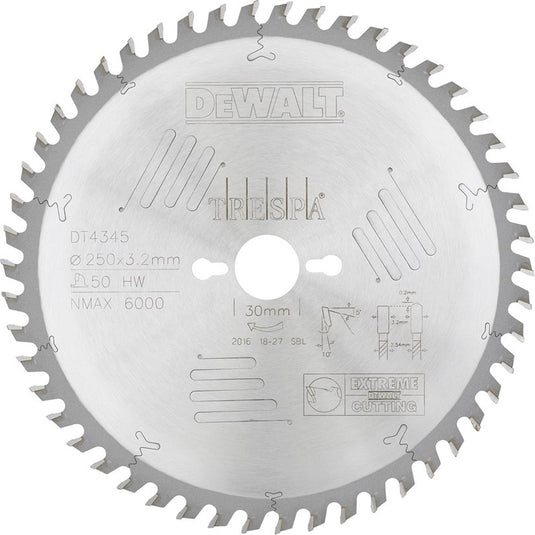 Dewalt cirkelzaagblad voor hpl | extreme | ø 250mm asgat 30mm 50t - dt4345-qz