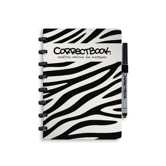 Correctbook a5 uitwisbaar notitieboek – brave zebra – gelinieerd – herbruikbaar schrift – inclusief pen wisdoekje – aanvulbaar met extra pagina’s