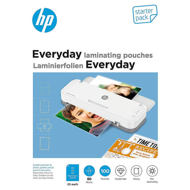 Hp 9158 everyday lamineerfolies starter set - lamineerhoezen voor warm lamineren - din a4, din a5, din a6, visitekaartjes - transparant - 80 micron - 100 stuks