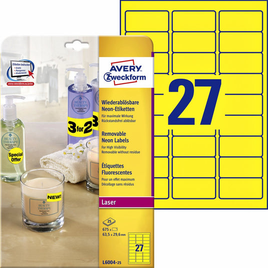 Merkloos sans marque avery afneembare neon etiketten formaat 635 x 296 mm (b x h) doos van 20 blad 540 stuks geel