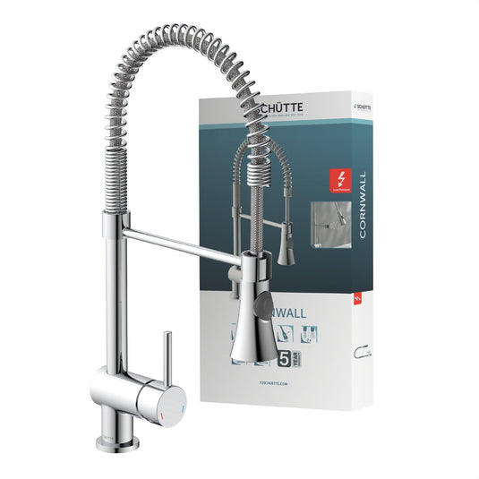 Schütte cornwall design keukenkraan voor waterverwarmer met vrije uitloop - lage druk - mengkraan - draaibare uitloop met spiraalveer - chroom