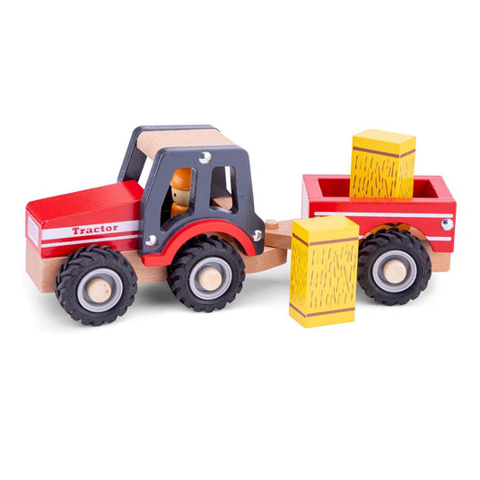 Woet ® houten tractor met aanhanger - inclusief 2 hooibalen - rood - educatief speelvoertuig - rollenspel speelgoed - vanaf 18 maanden