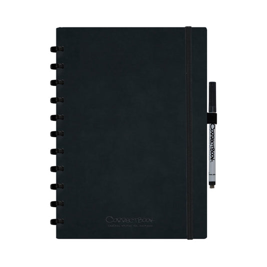 Correctbook a4 uitwisbaar notitieboek – ink black kunstleer hardcover – blanco – herbruikbaar schrift – inclusief pen wisdoekje – aanvulbaar met extra pagina’s