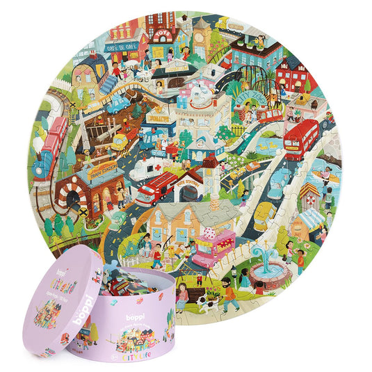 Boppi stadsleven - ronde puzzel - 150 stukjes - 58cm diameter - gemaakt van 3-laags gerecycled karton