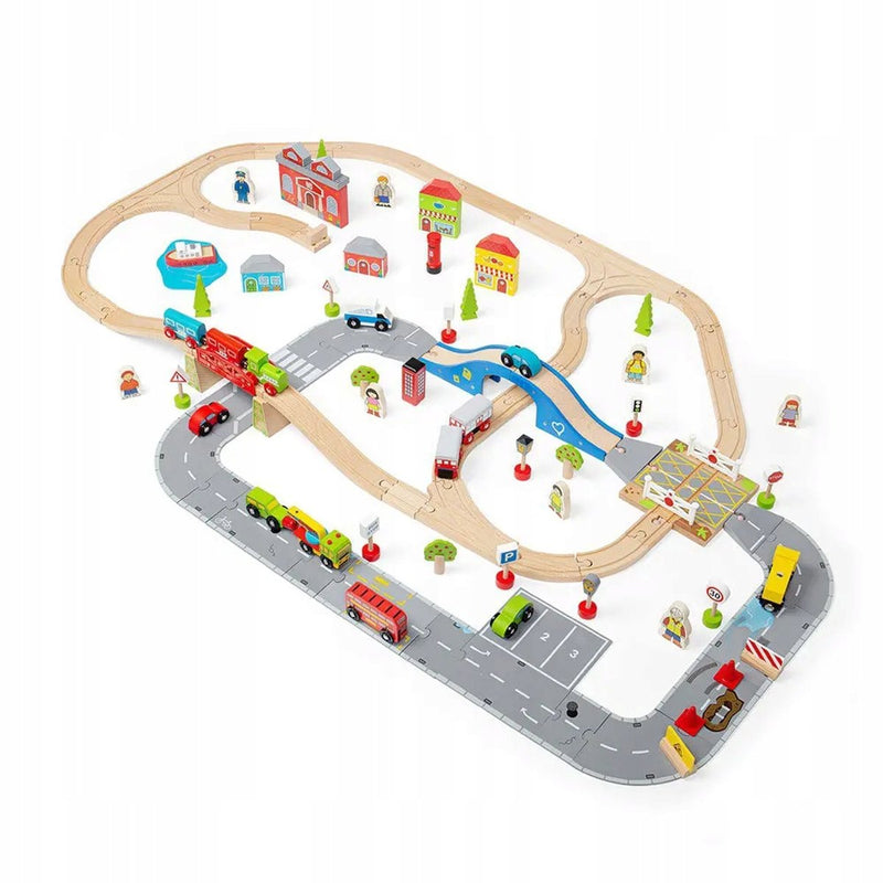 Load image into Gallery viewer, Bigjigs houten treinbaan en autoweg set, 105-delig

