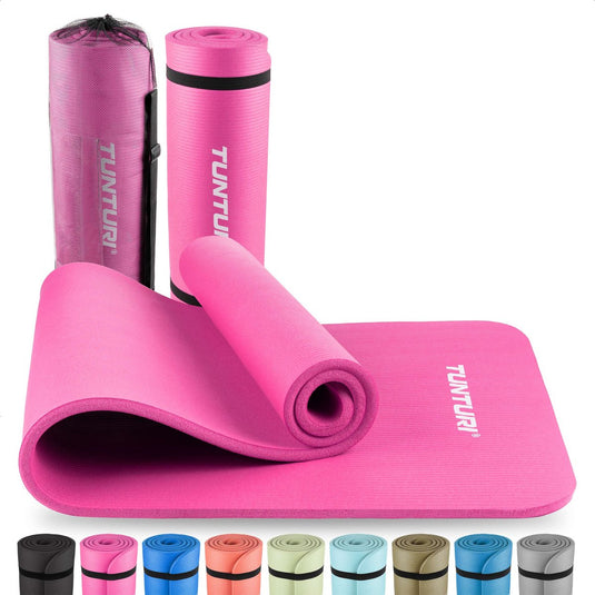 Tunturi nbr yogamat met draagtas - fitnessmat extra dik zacht - sportmat - anti slip - 180x60x1.5cm - incl trainingsapp - roze