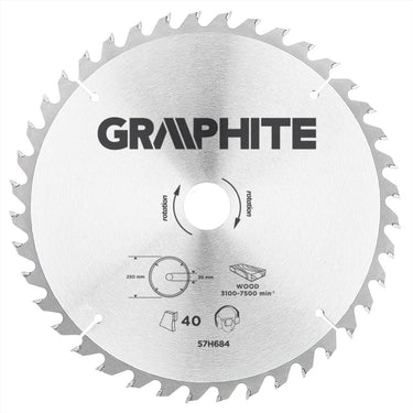 Graphite circelzaagblad voor hout 250mm, asgat 30mm, tanden 40, dikte 3,2, vulringen 16 20 25, tct