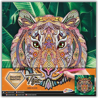 Grafix diamond painting op canvas | tijger | formaat 30x30cm | diamond painting pakket volledig | thema dieren | diamond painting op canvas | inclusief diamond painting pen en schudbakje | eindresultaat ophangen aan de muur