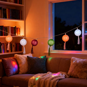 Arti casa stringlight 10led - lichtsnoer met lampiondesign - 10 warm witte led-lampjes - werkt op batterijen - voor binnen - lengte 1,8 meter - meerkleurig - 2 jaar garantie
