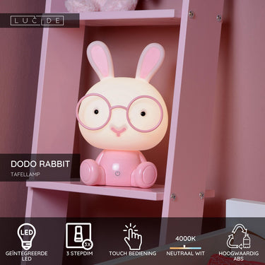Lucide dodo rabbit - tafellamp kinderkamer - led 3 stepdim - 1x3w 4000k - roze