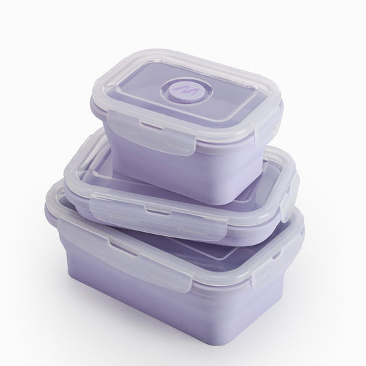 Muitomas lunchboxset - 3-delige - siliconen – opvouwbaar – met deksel - magnetron-, vaatwasser- en vriezerbestendig - violet