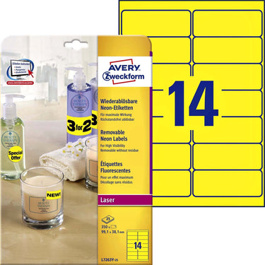Avery neon etiketten, neon geel, 99,1 x 38,1 mm, afneembaar